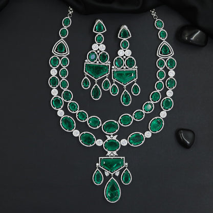 Double Row Rhodium Long Haara Set with Shield Pendant