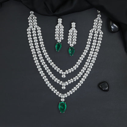 Classic delicate v shaped multi-chain rhodium long haara with long hanging earrings
