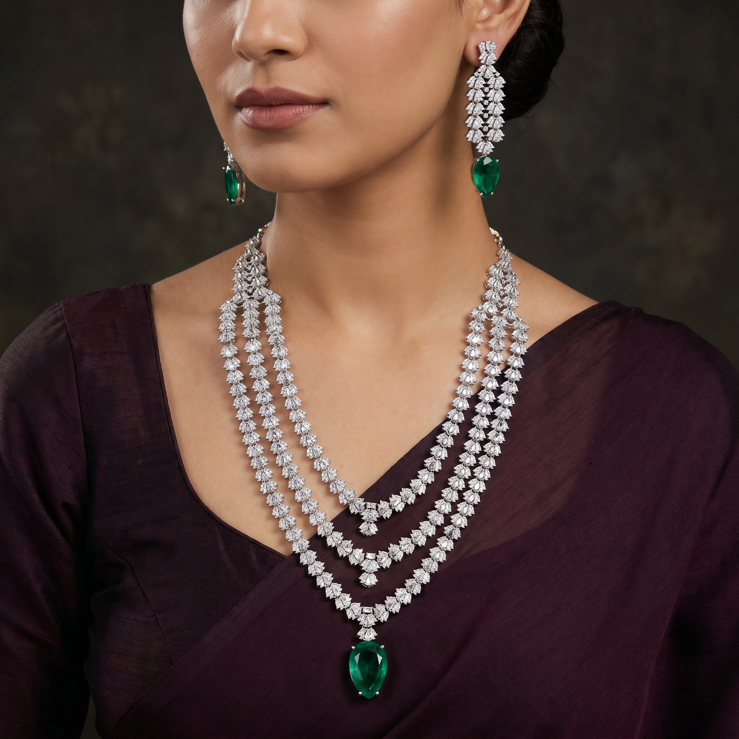 Classic delicate v shaped multi-chain rhodium long haara with long hanging earrings