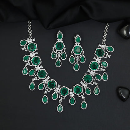 Traditional hexagonal plaque rhodium necklace set with cascading teardrop fringe