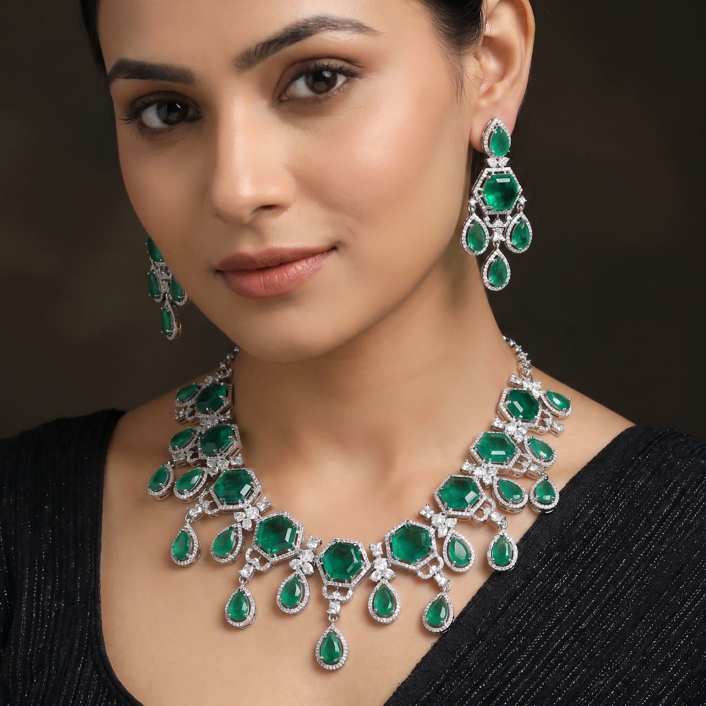 Traditional hexagonal plaque rhodium necklace set with cascading teardrop fringe
