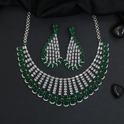 Radiant delicate cascading frame rhodium necklace with heavy statement earrings