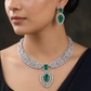 Traditional multi-row pave band rhodium necklace set with a teardrop pendant