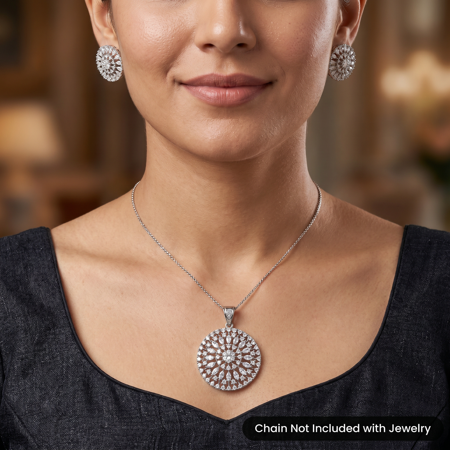 Floral Pendant Set with Layered Petal Arrangement and Matching Earrings