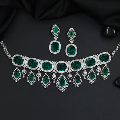 Classic temple style stacked band rhodium choker with heavy hanging earrings