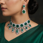 Classic temple style stacked band rhodium choker with heavy hanging earrings