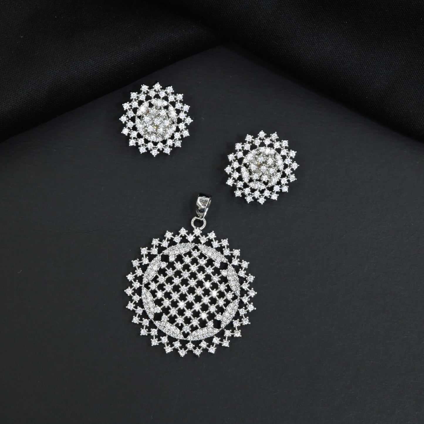 Statement Pendant Set with Floral Centre and Openwork Design