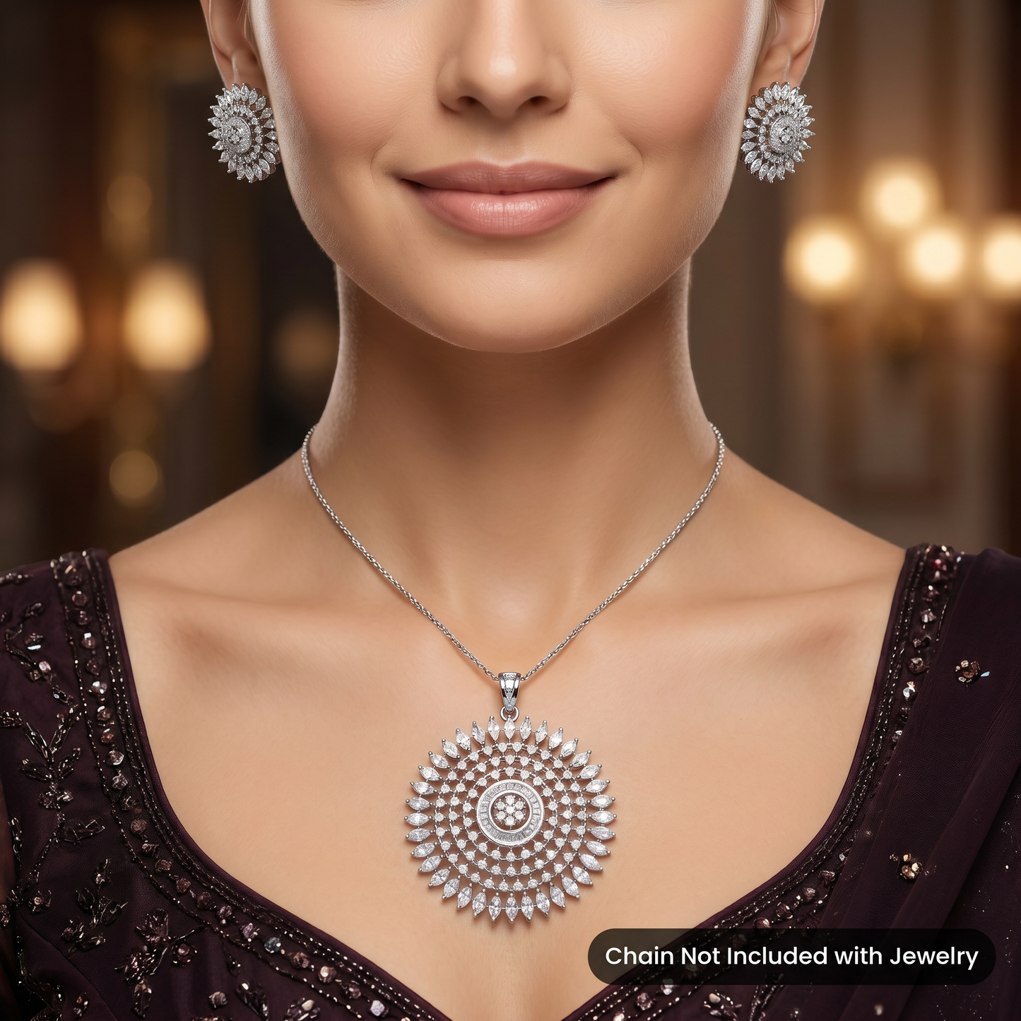 Festive Pendant Set with Sunburst Pattern and Matching Stud Earrings