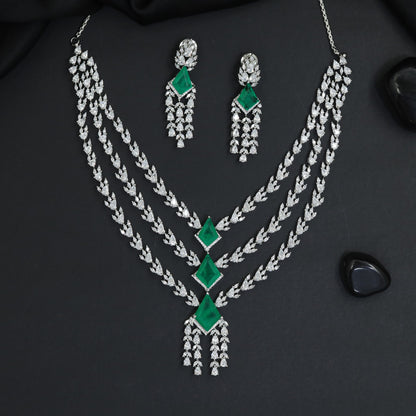 Radiant multi-tier step rhodium necklace with fringe tassels