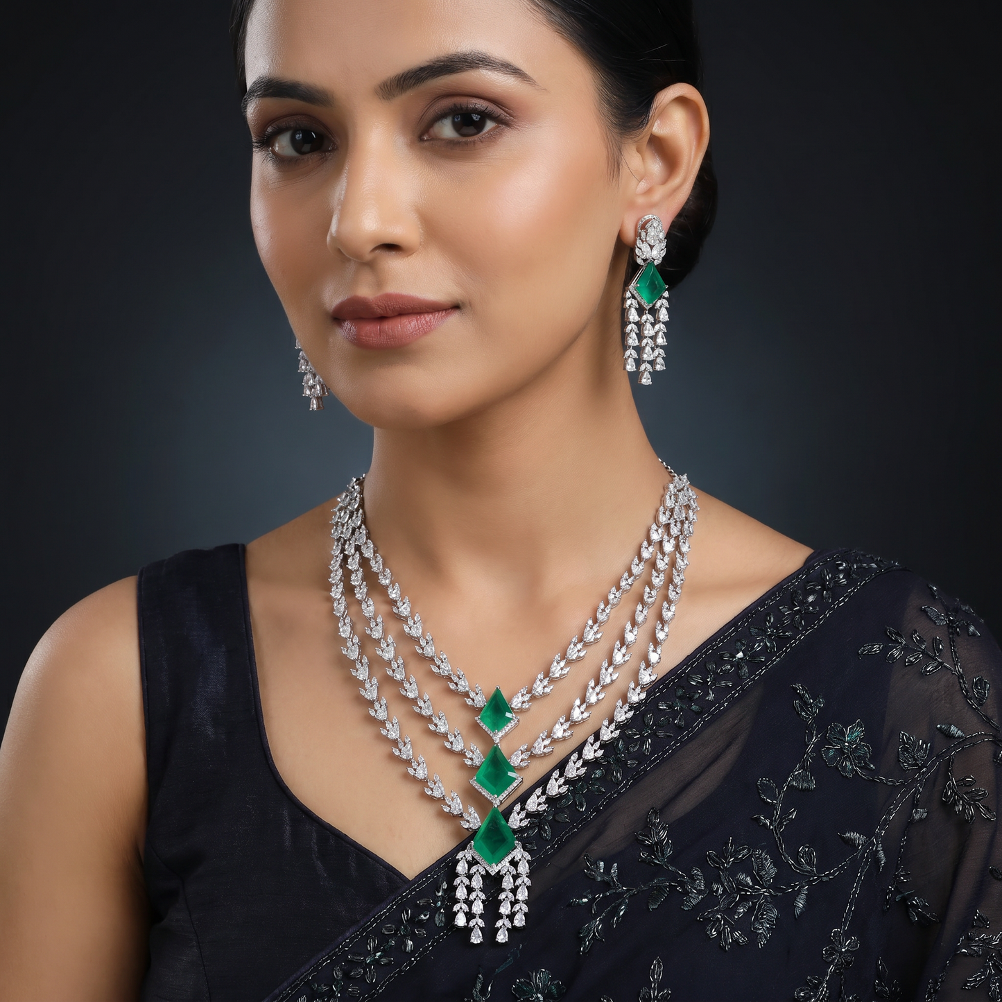 Radiant multi-tier step rhodium necklace with fringe tassels