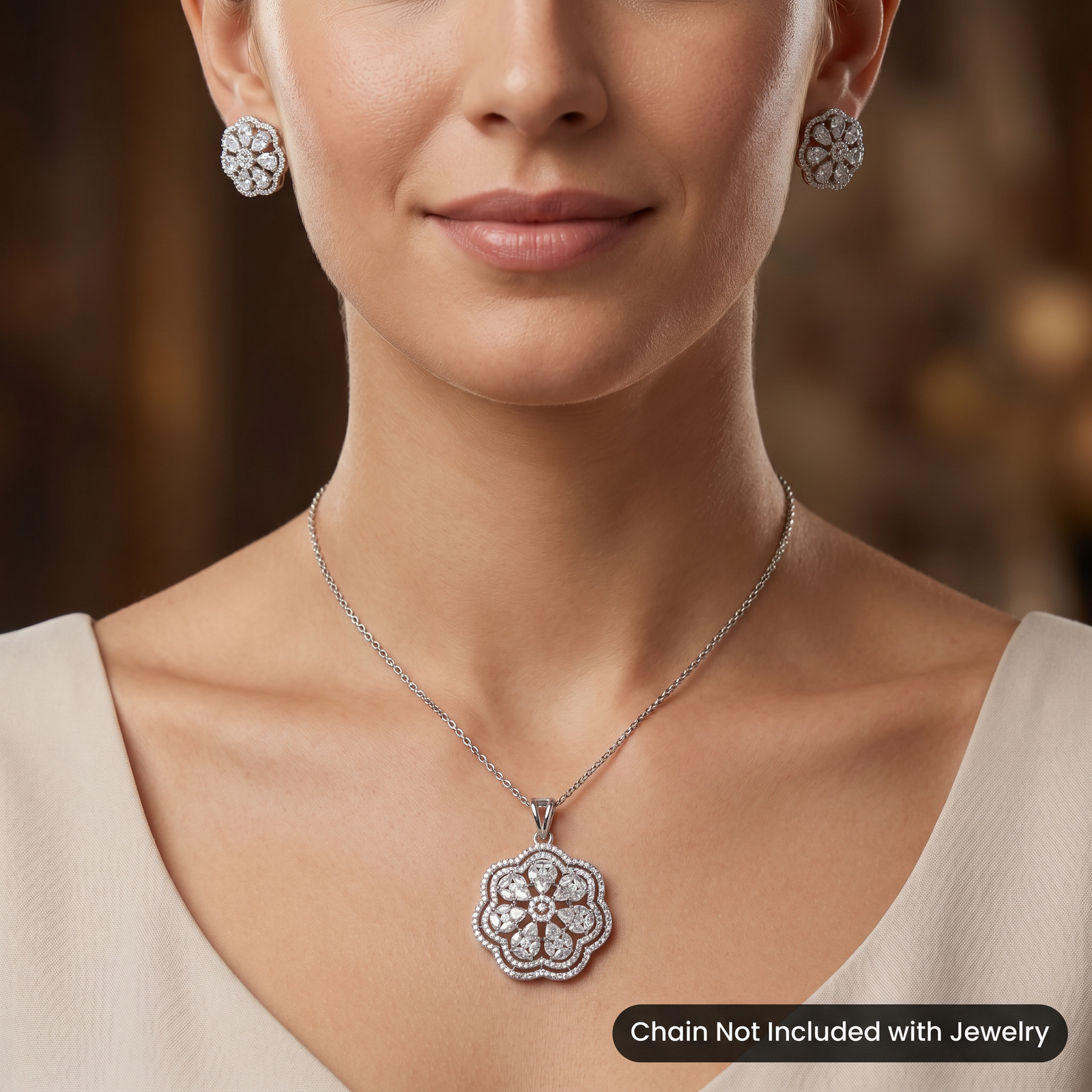 Contemporary Pendant Set with Blossom Design and Matching Earrings