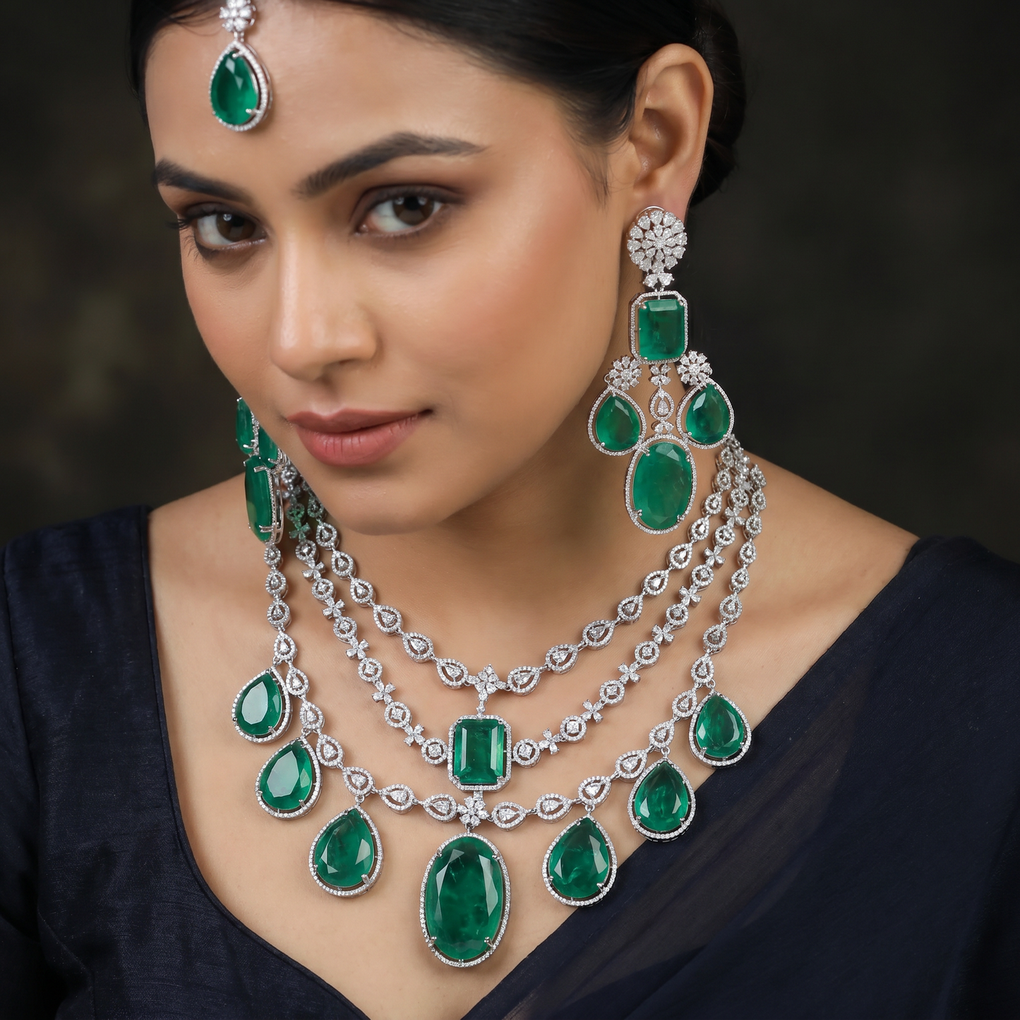 Shimmering clustered tiered statement rhodium necklace set