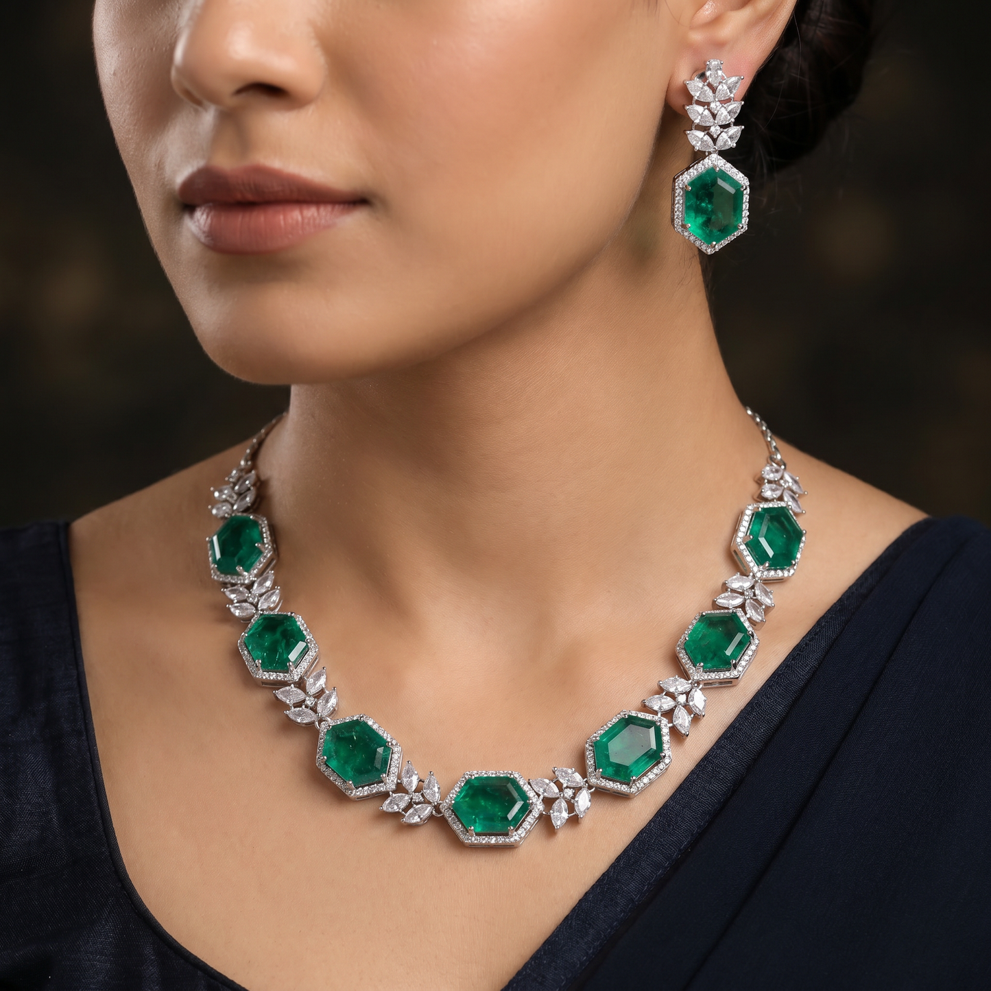 Classical leaf branch linked emerald green hexagon necklace set for wedding wear