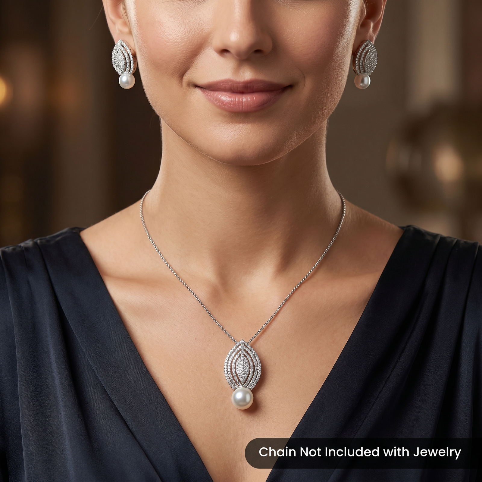 Leaf Shape Pendant Set with Pearl Drop Detailing