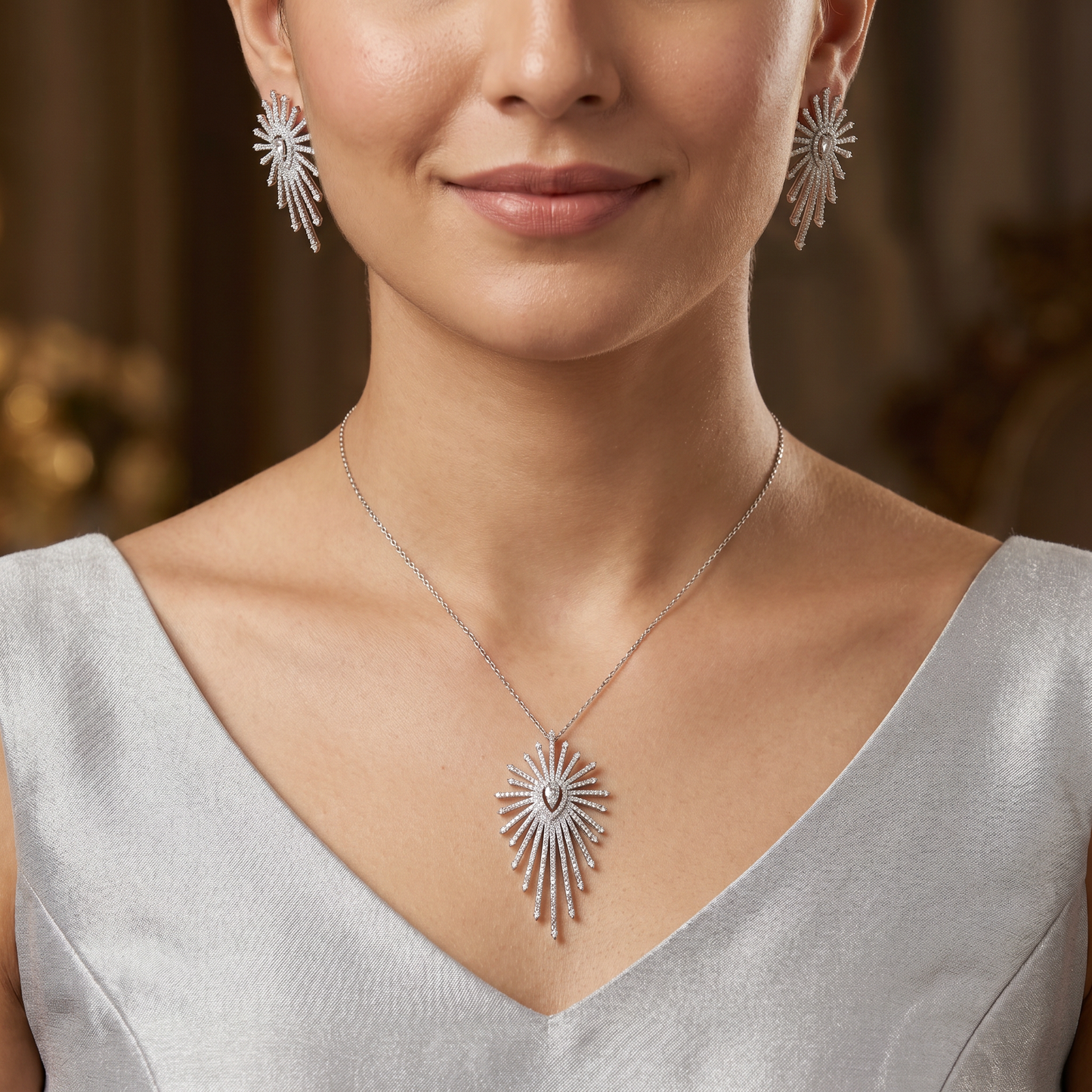 Statement Rhodium Chain With Pendant Set with Radiating Rays