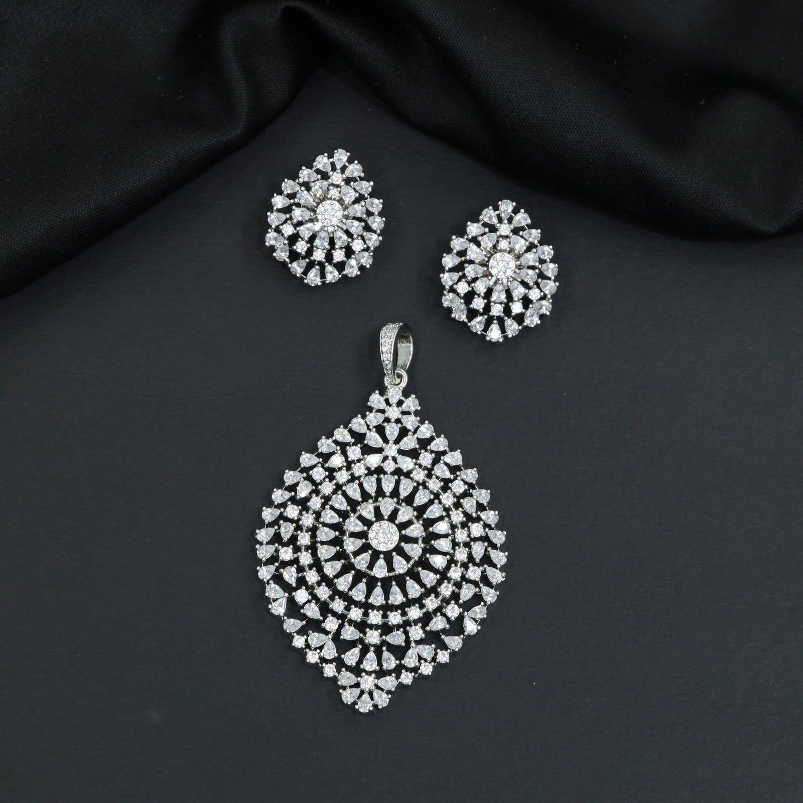 Teardrop Pendant Set with Intricate Border Detailing and Matching Earrings