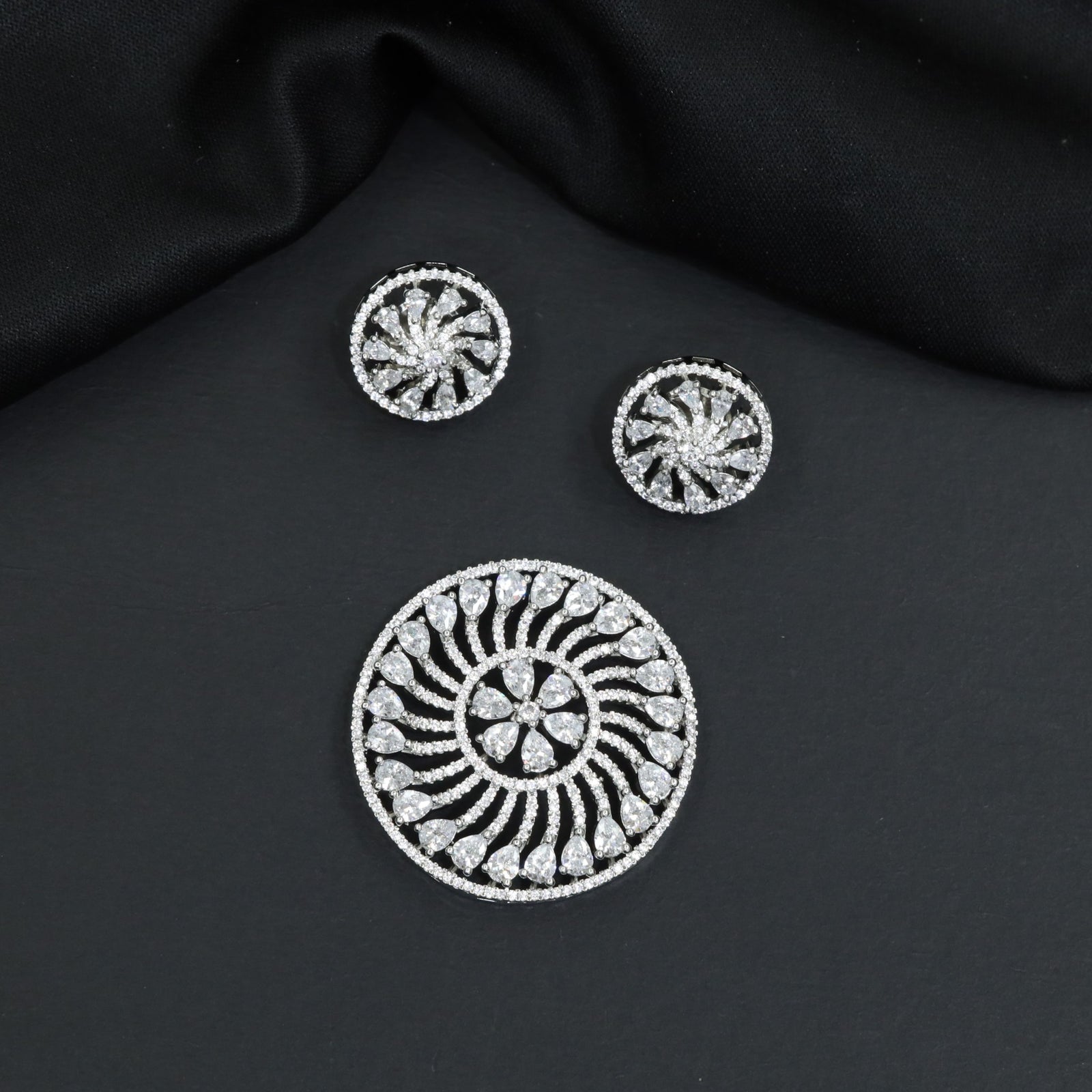 Round Pendant Set with Sunburst Styling and Matching Studs