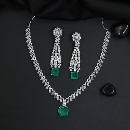 Couture rhodium necklace showcasing structured pendant framework