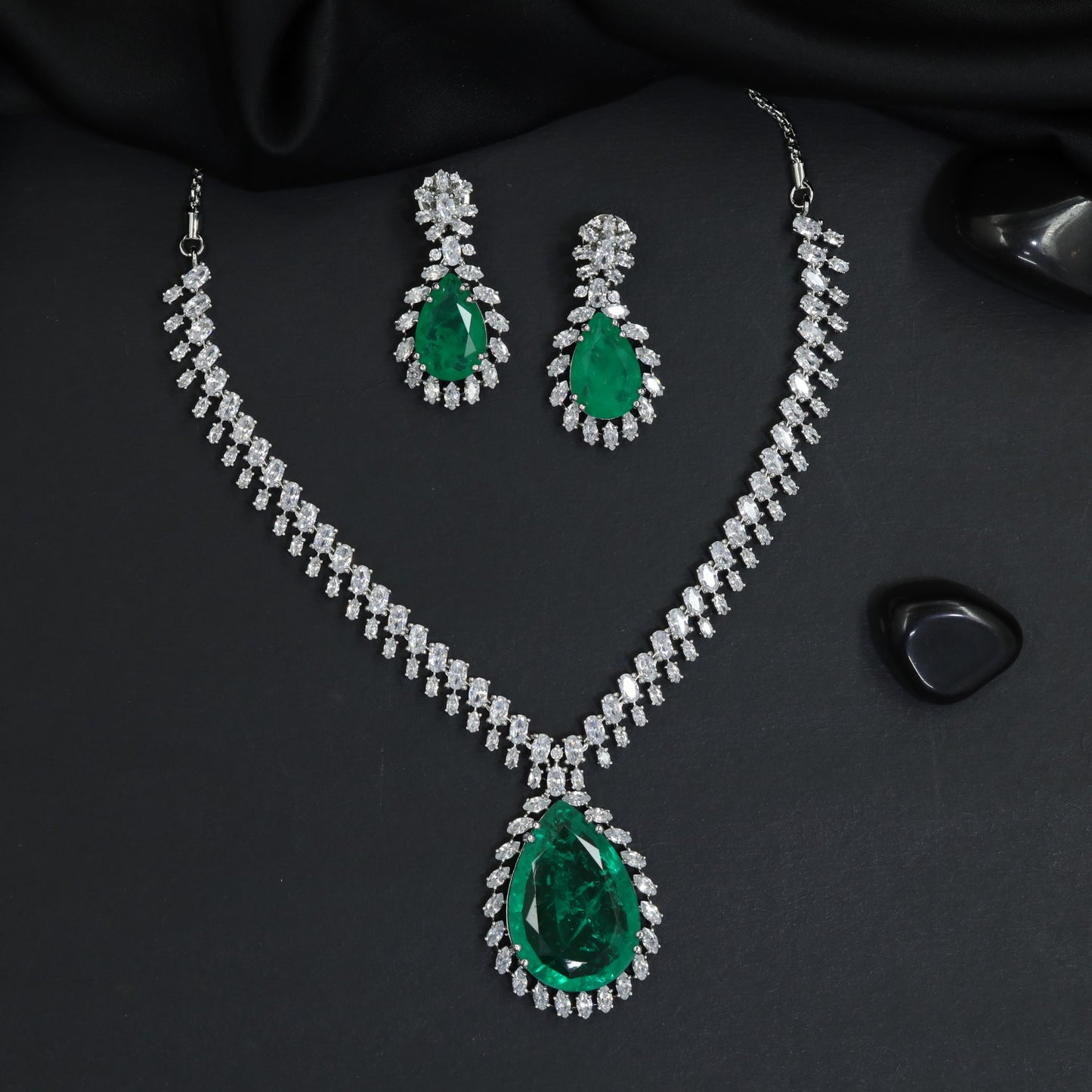 Signature rhodium necklace featuring couture gemstone artistry