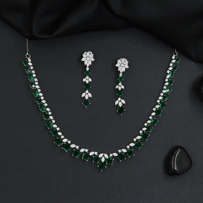 Botanical Garland Rhodium Necklace Set with Geometric Border Styling