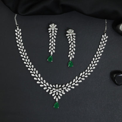 Heritage Leaf Trail Rhodium Necklace Set with Floral Crest Accent
