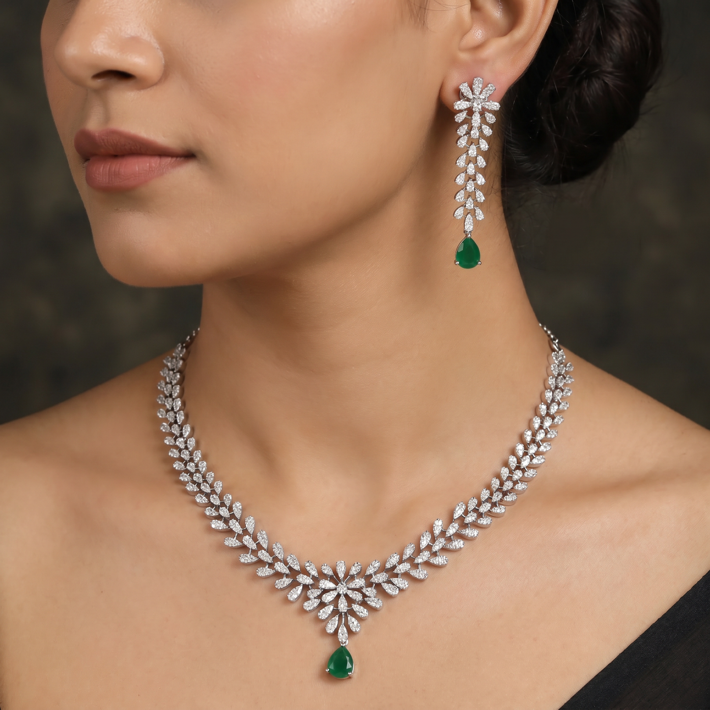 Heritage Leaf Trail Rhodium Necklace Set with Floral Crest Accent