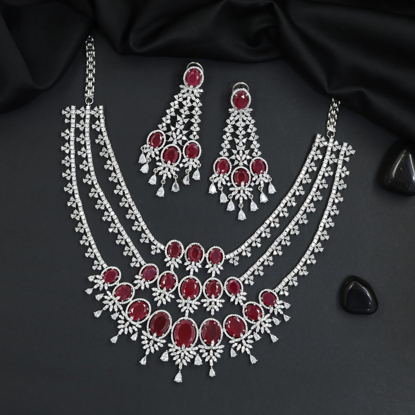 Festive Triple Strand Rhodium Necklace Set with Scalloped Drop Accents