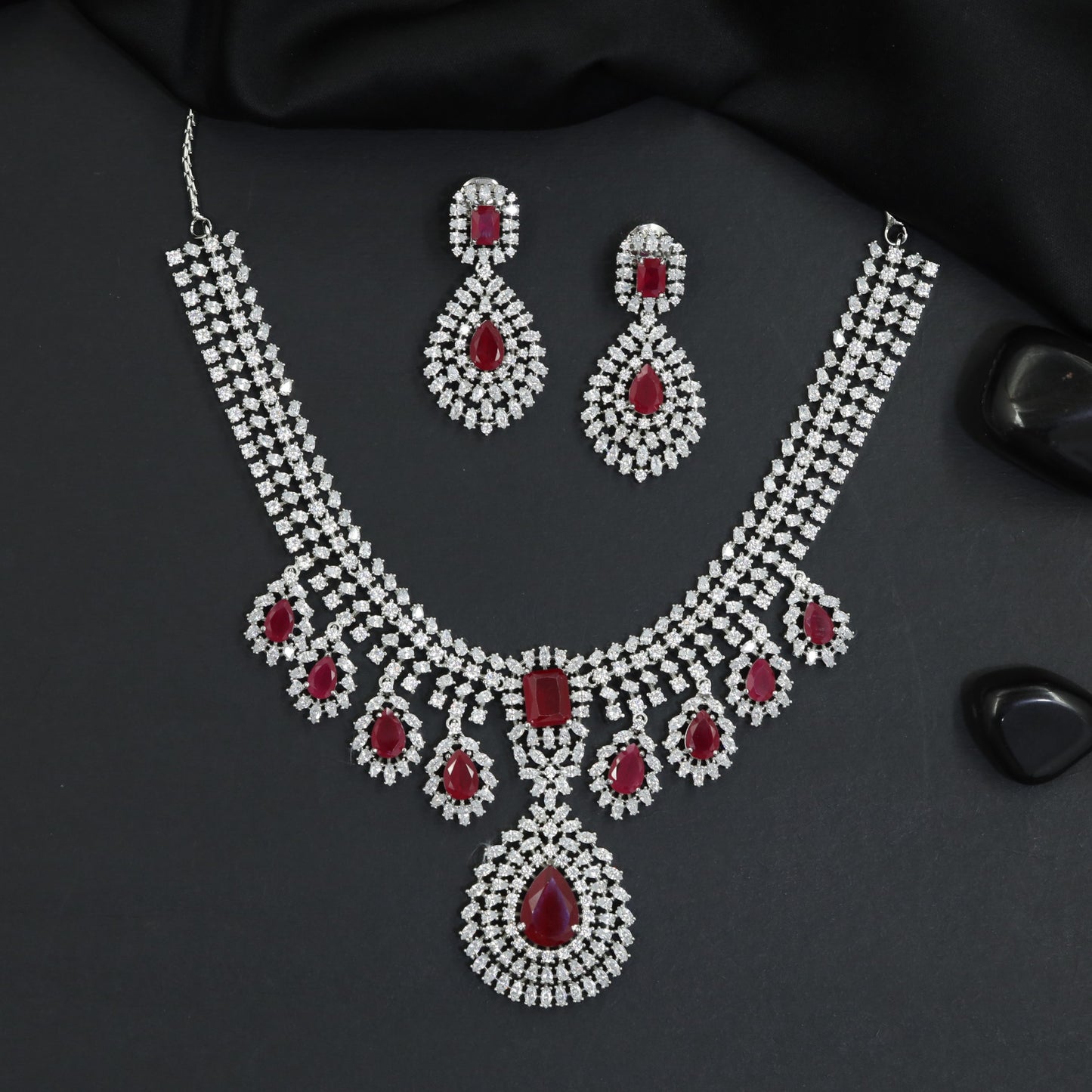 Festoon Pear Halo Rhodium Necklace Set with Statement Centrepiece
