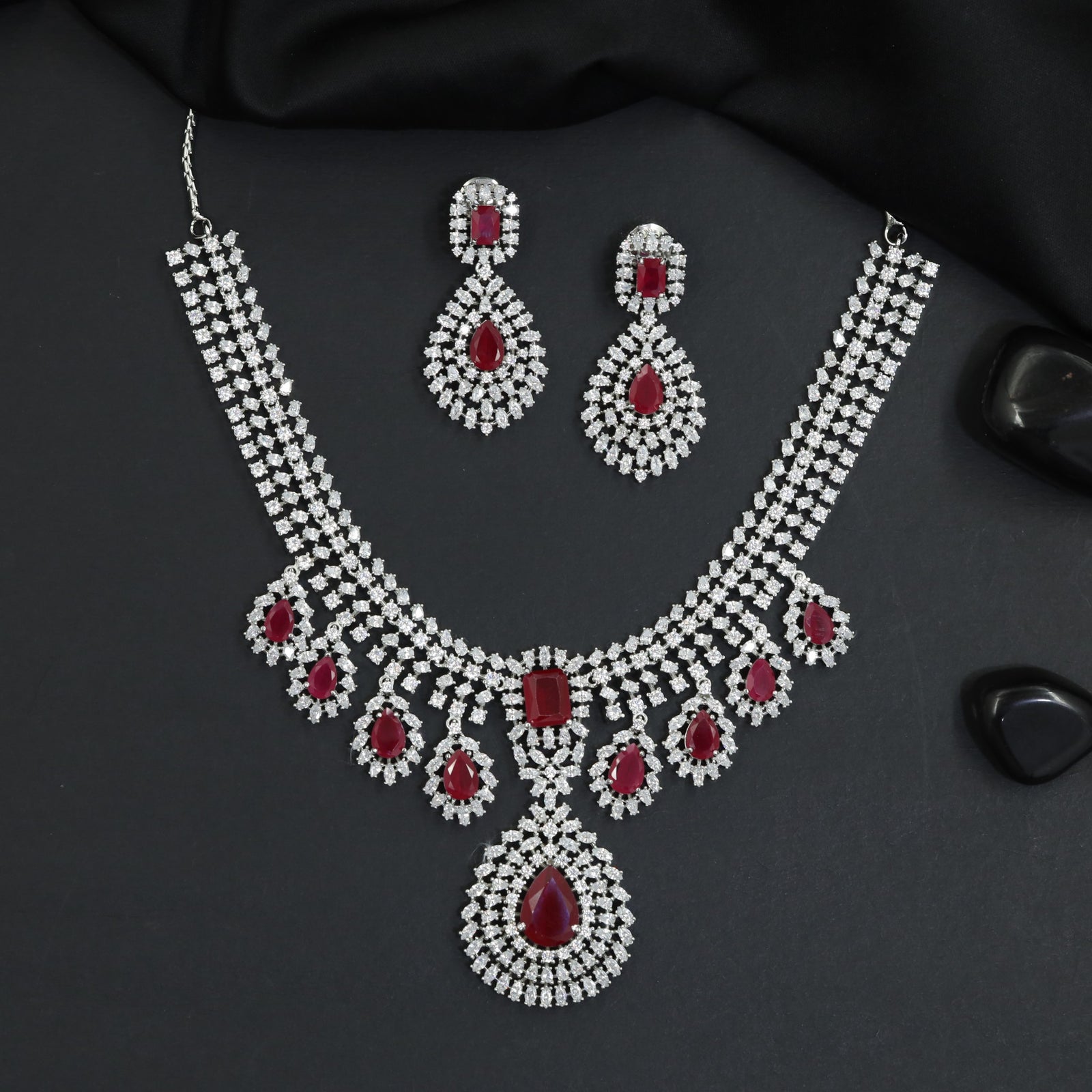 Festoon Pear Halo Rhodium Necklace Set with Statement Centrepiece