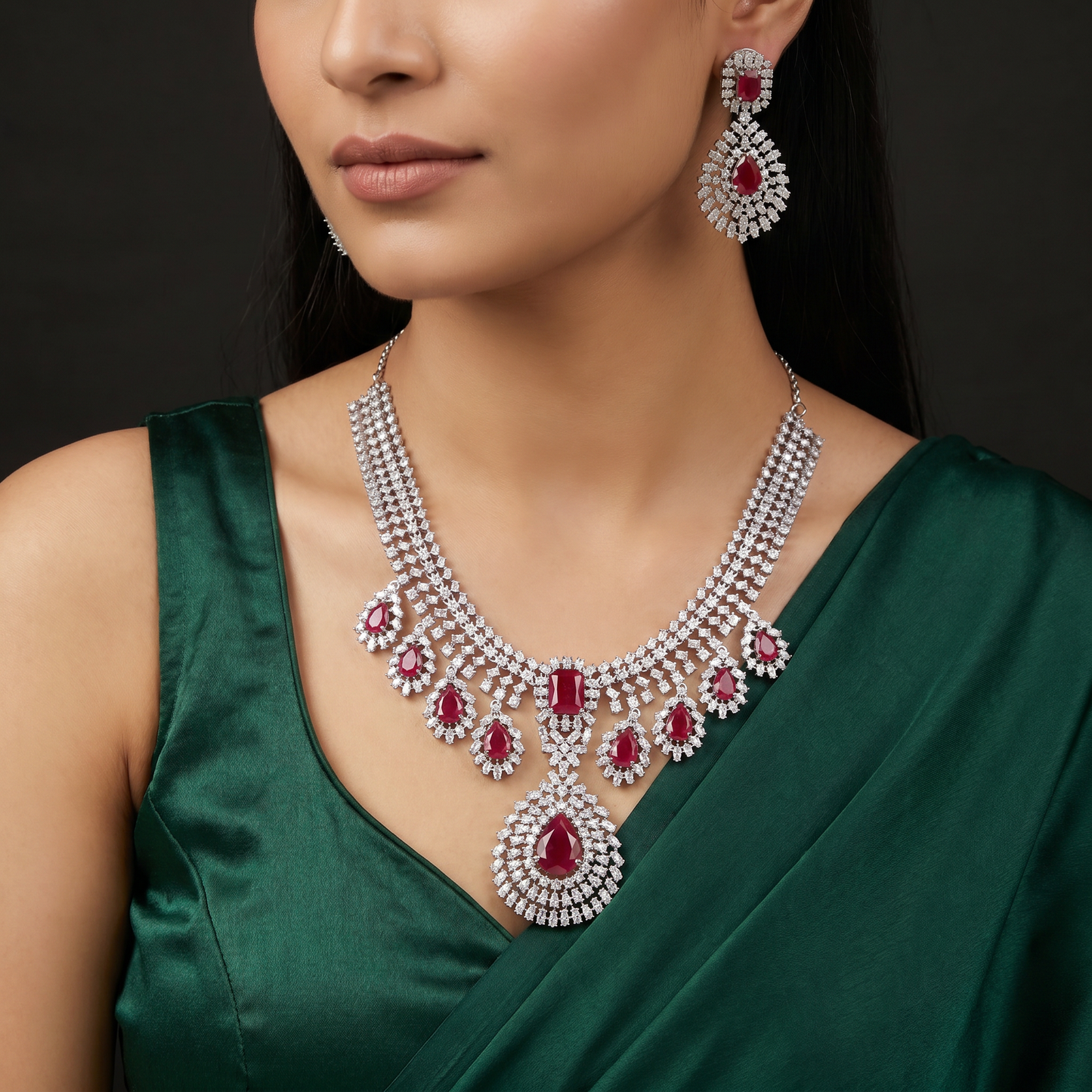 Festoon Pear Halo Rhodium Necklace Set with Statement Centrepiece