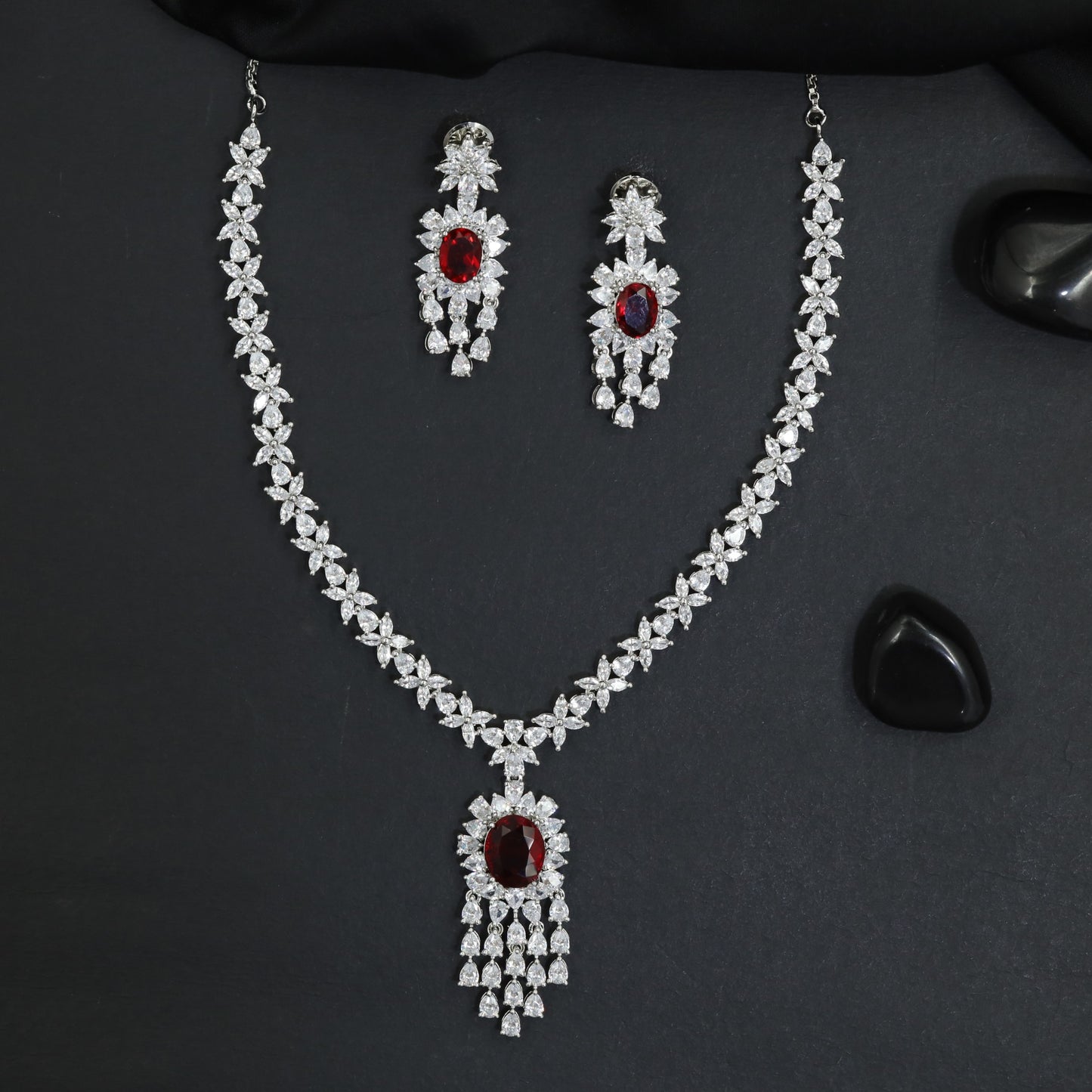 Celebration Wear Rhodium Necklace Set with Floral Link Border