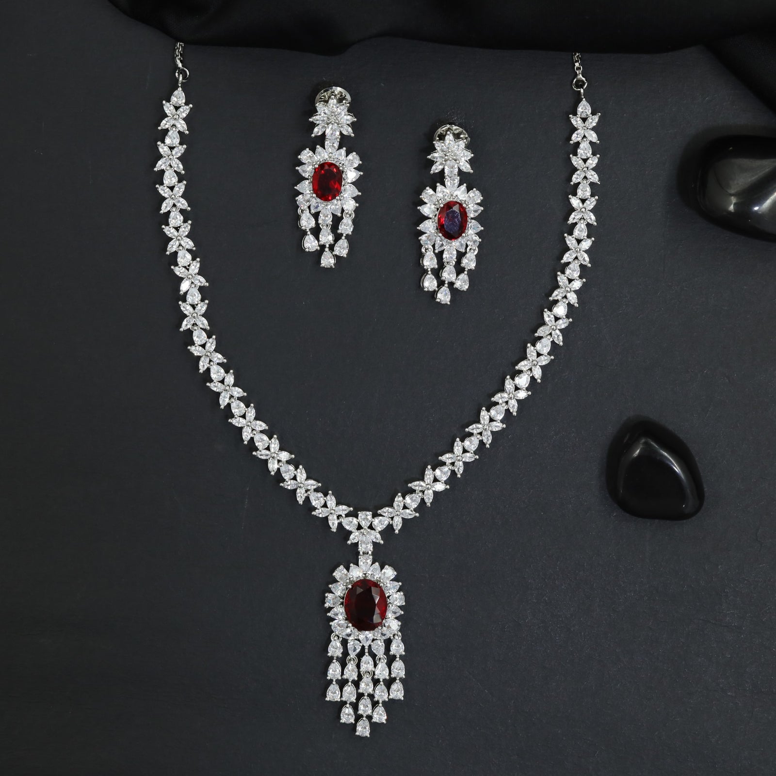 Celebration Wear Rhodium Necklace Set with Floral Link Border