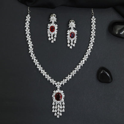 Celebration Wear Rhodium Necklace Set with Floral Link Border