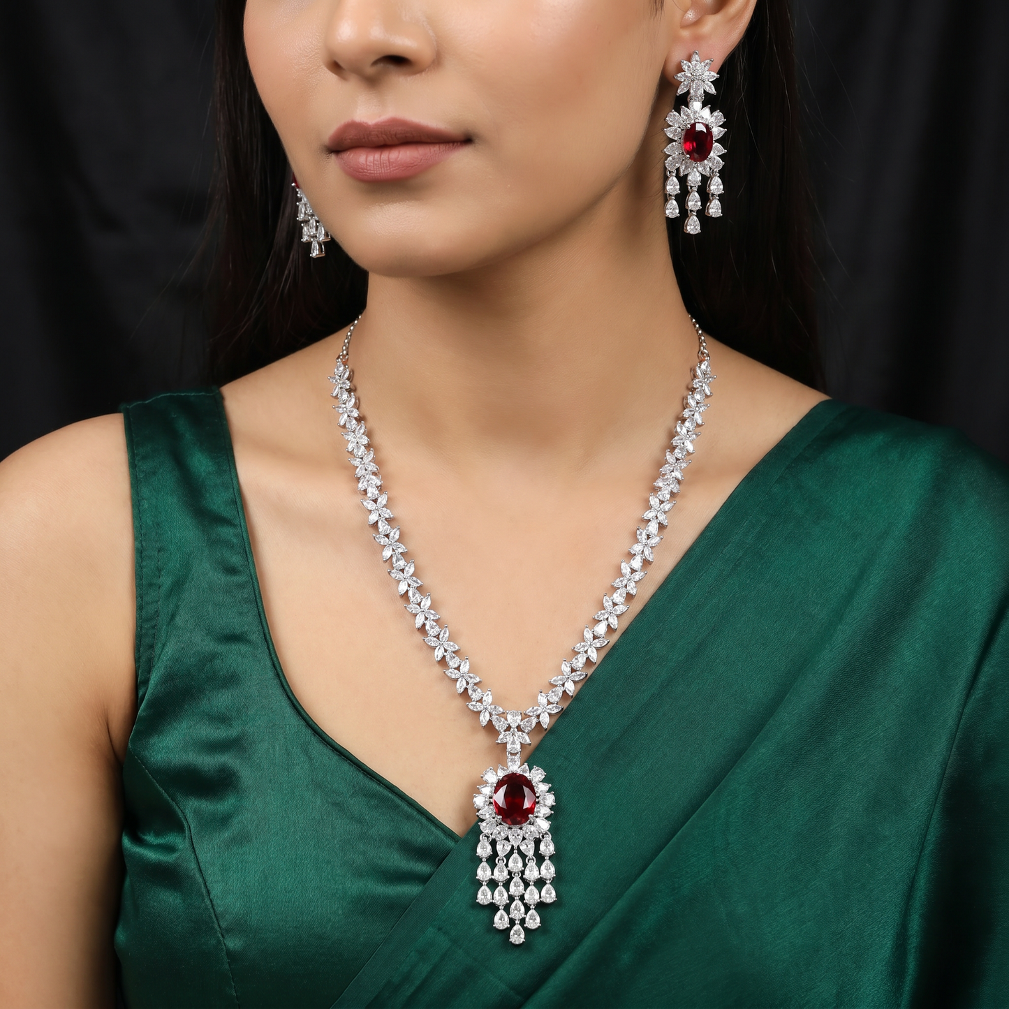 Celebration Wear Rhodium Necklace Set with Floral Link Border