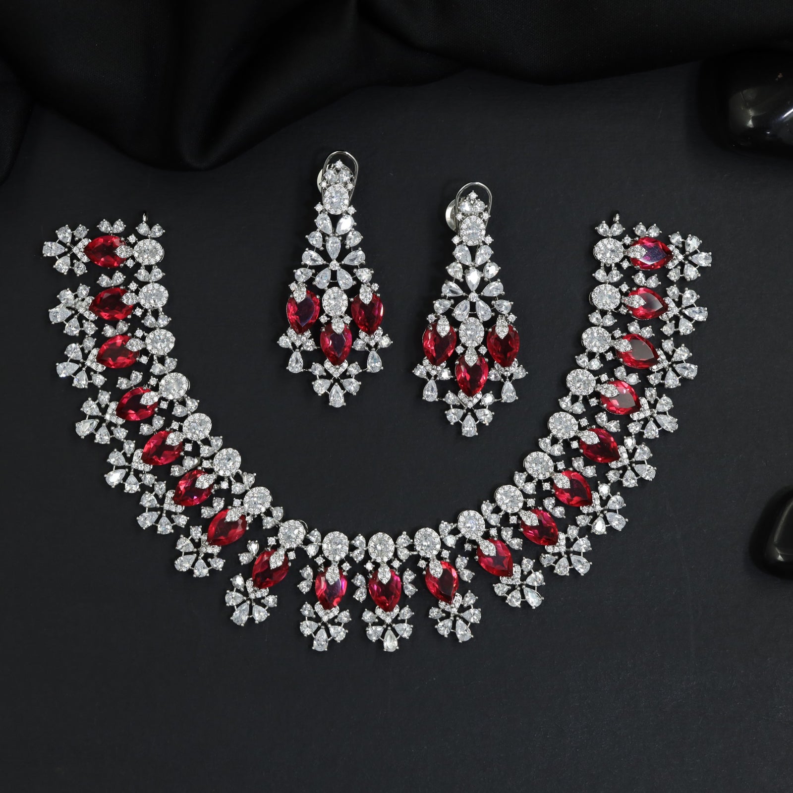 Royal Floral Garland Rhodium Necklace Set with Statement Drop Earrings