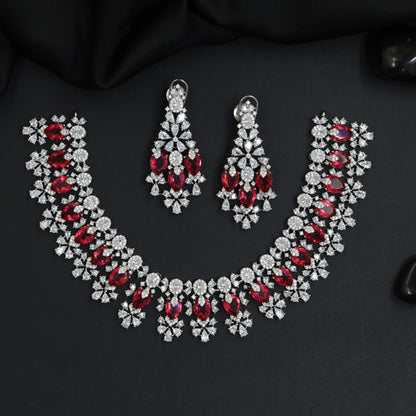 Royal Floral Garland Rhodium Necklace Set with Statement Drop Earrings