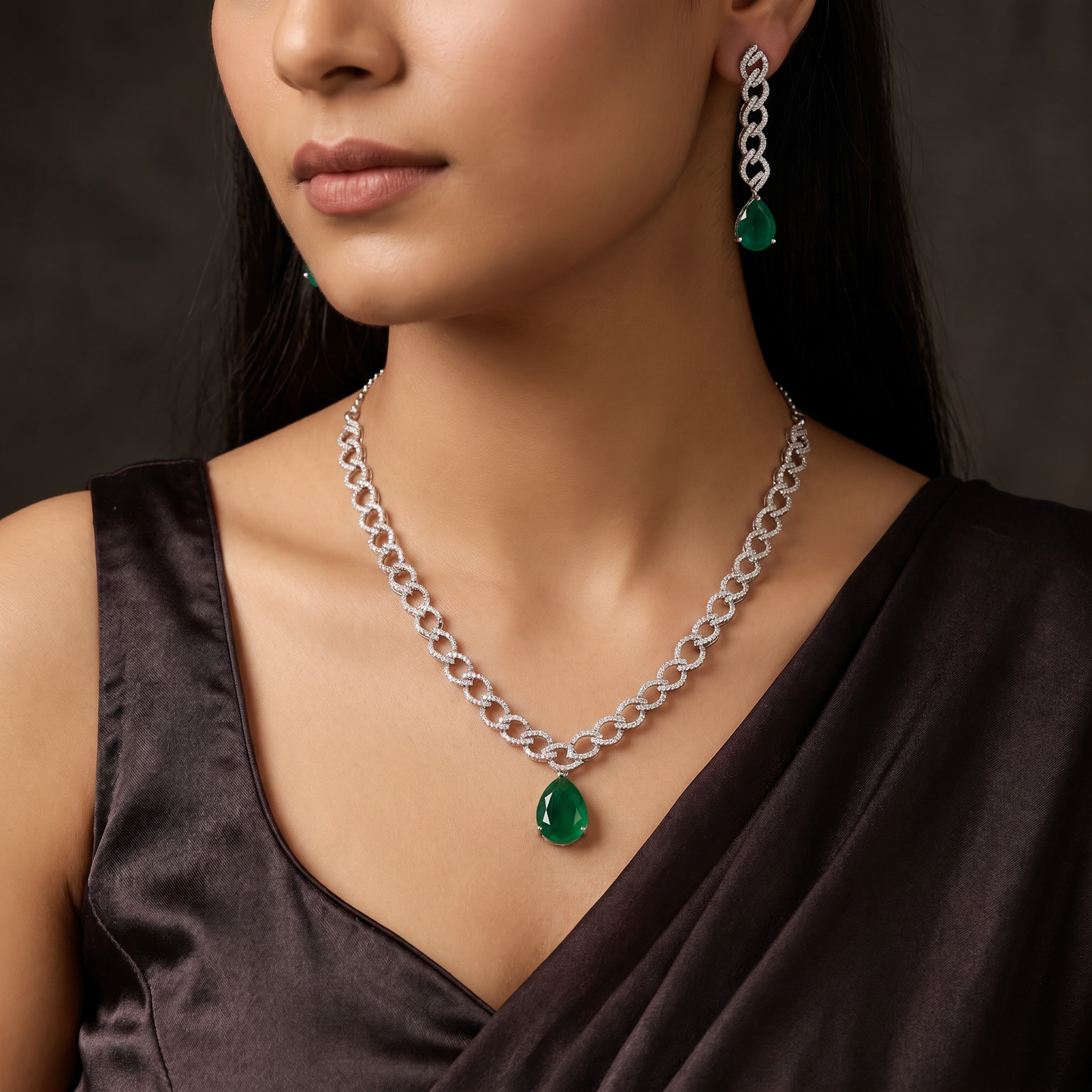 Infinity Garland Rhodium Necklace Set with Teardrop Centrepiece