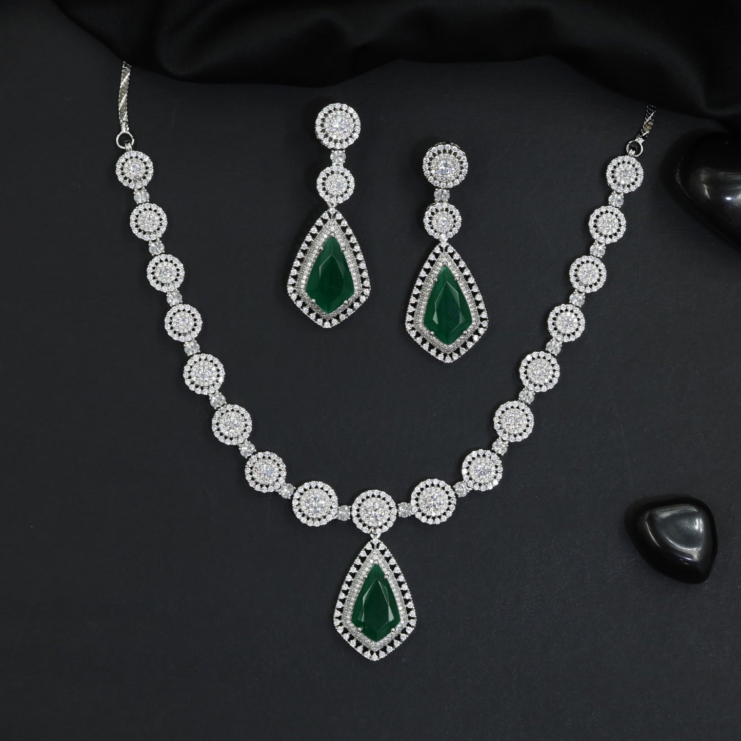 Celebration Wear Rhodium Necklace Set with Scalloped Halo Stations