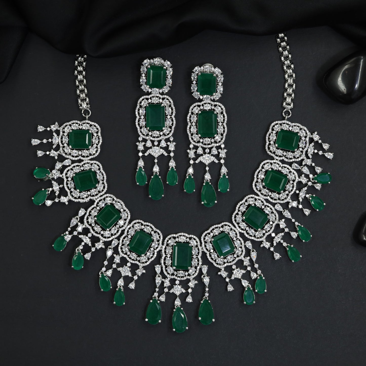 Geometric Medallion Rhodium Necklace Set with Scalloped Silhouette