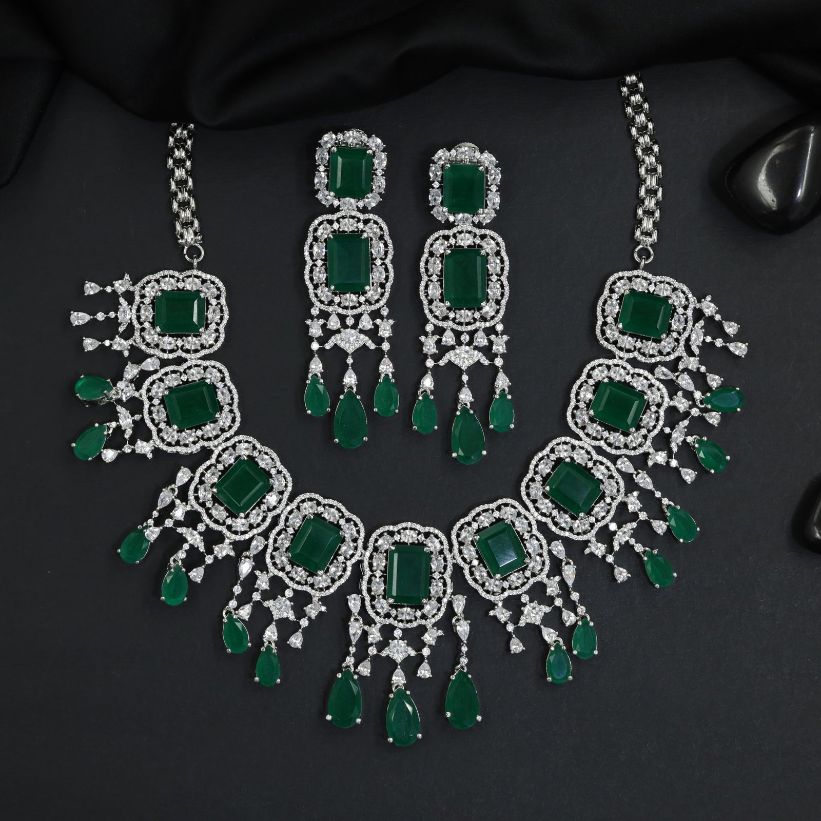 Geometric Medallion Rhodium Necklace Set with Scalloped Silhouette