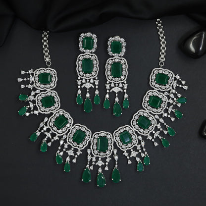 Geometric Medallion Rhodium Necklace Set with Scalloped Silhouette