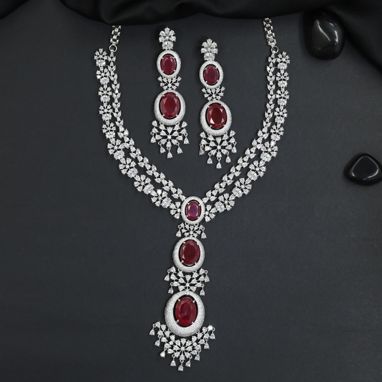Heirloom Layered Cascade Rhodium Necklace Set with Medallion Pendant Centrepiece
