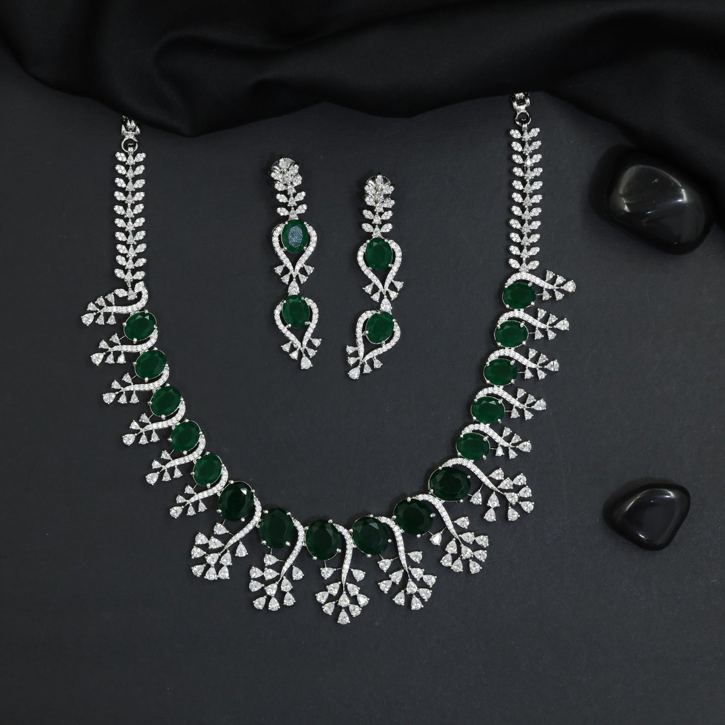 Celebration Wear Rhodium Necklace Set with Floral Drop Arrangement
