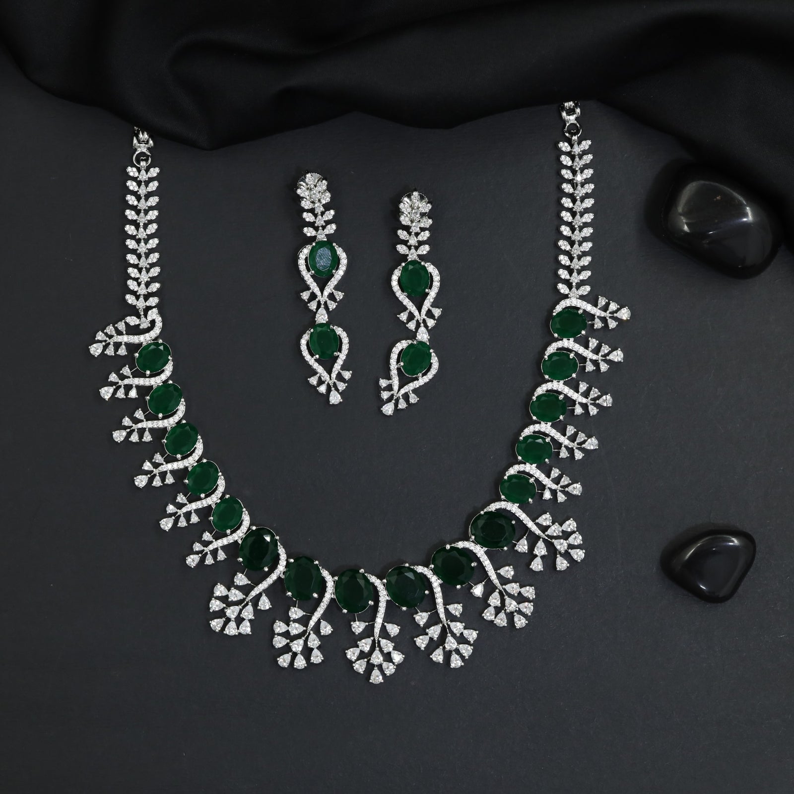 Celebration Wear Rhodium Necklace Set with Floral Drop Arrangement