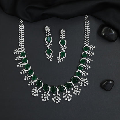 Celebration Wear Rhodium Necklace Set with Floral Drop Arrangement
