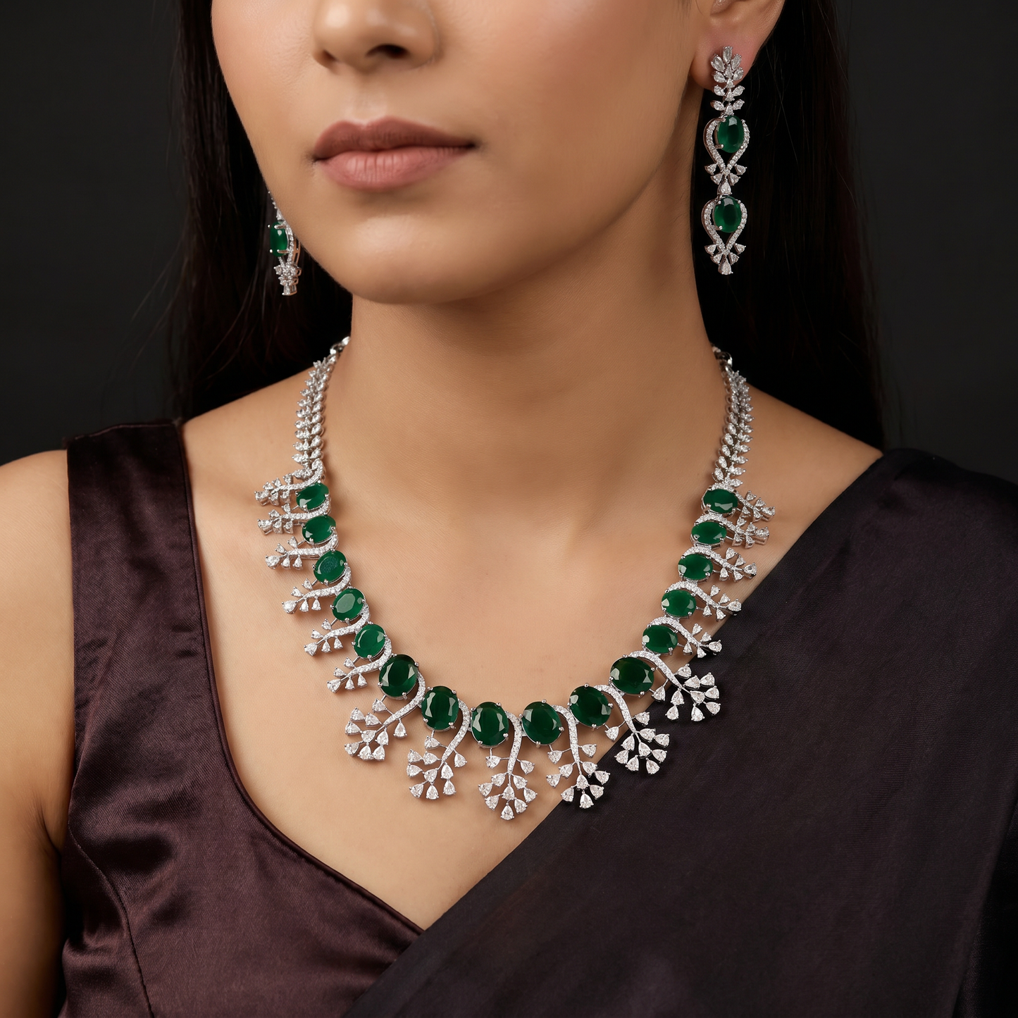 Celebration Wear Rhodium Necklace Set with Floral Drop Arrangement