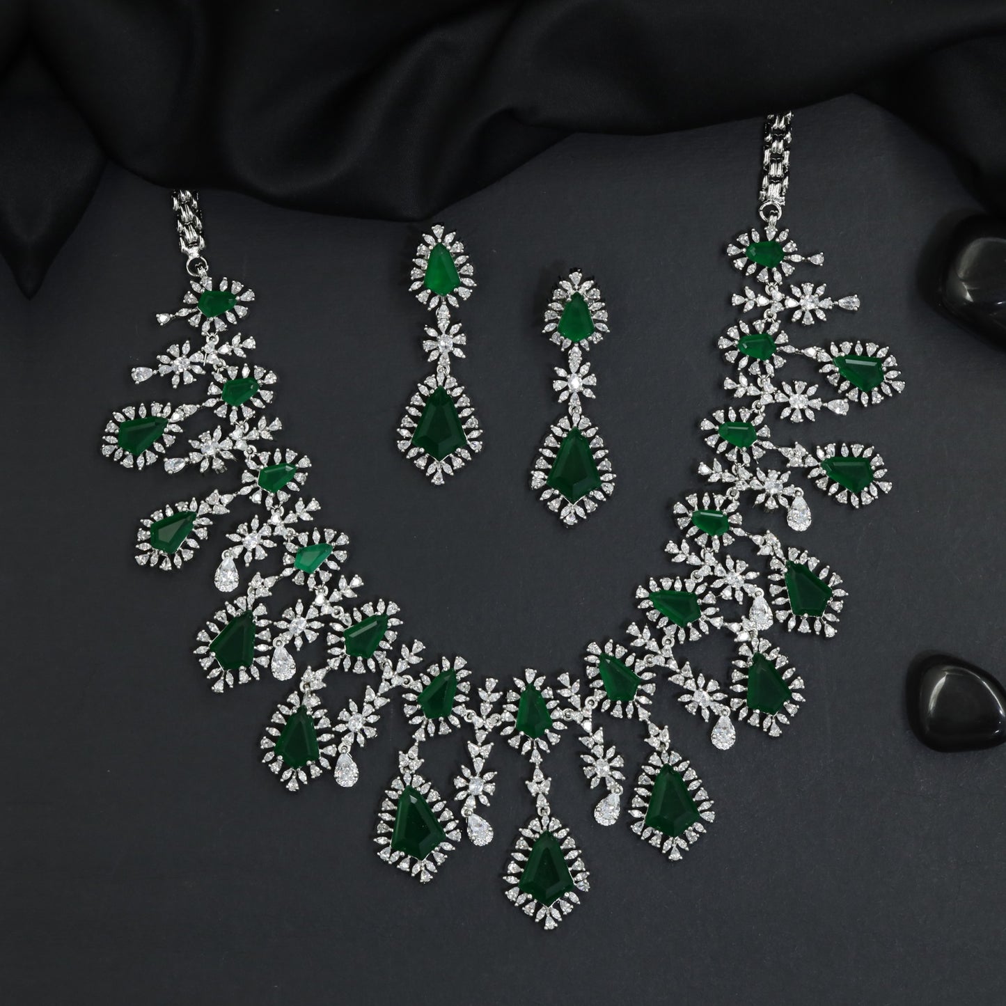 Celebration Wear Rhodium Necklace Set with Cascading Pear Drop Fringe