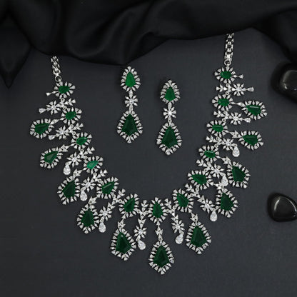 Celebration Wear Rhodium Necklace Set with Cascading Pear Drop Fringe