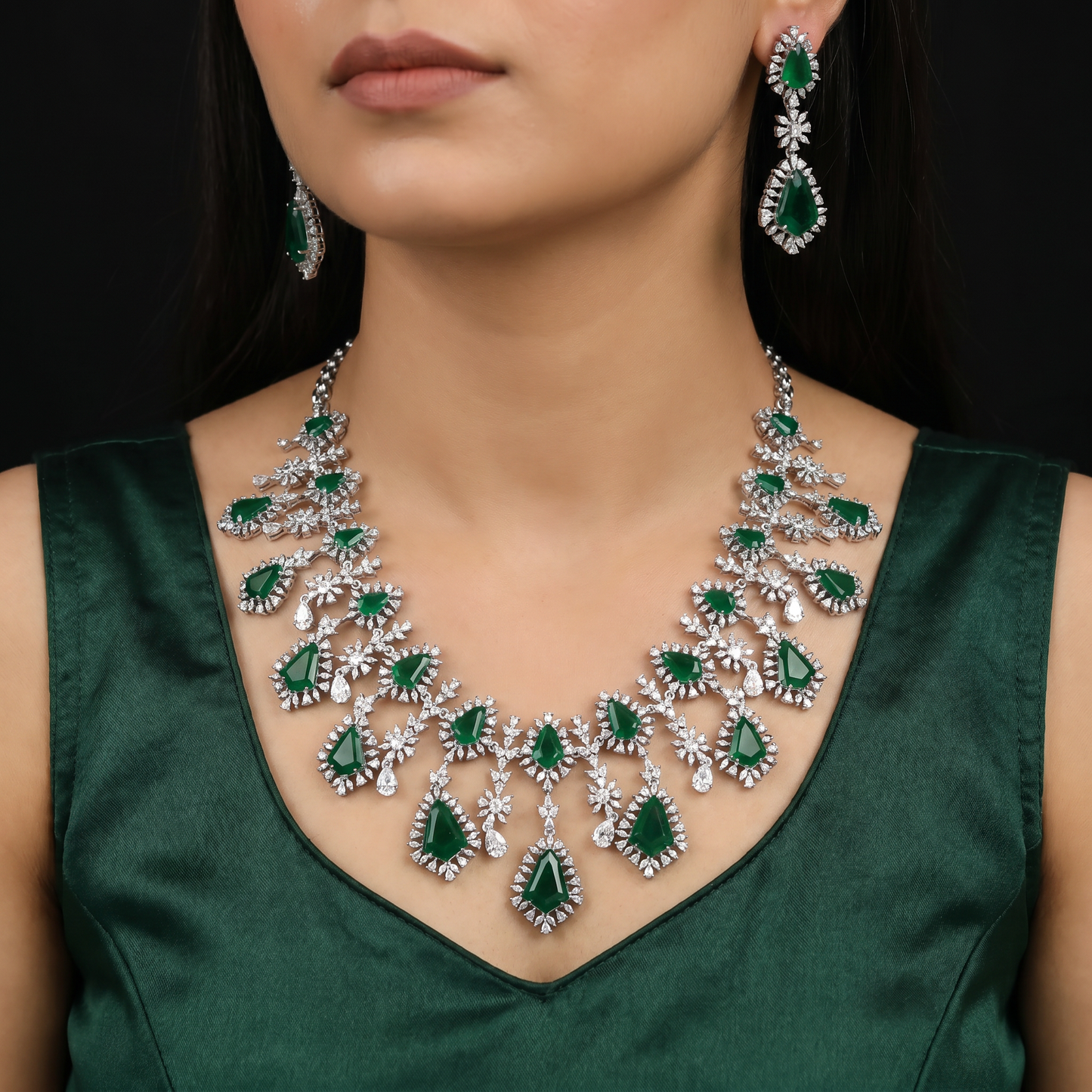 Celebration Wear Rhodium Necklace Set with Cascading Pear Drop Fringe