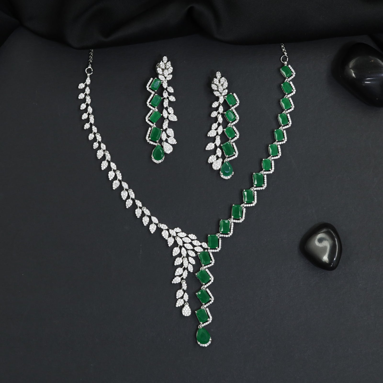 Grand Occasion Rhodium Necklace Set with Cascading Leaf Link Pattern